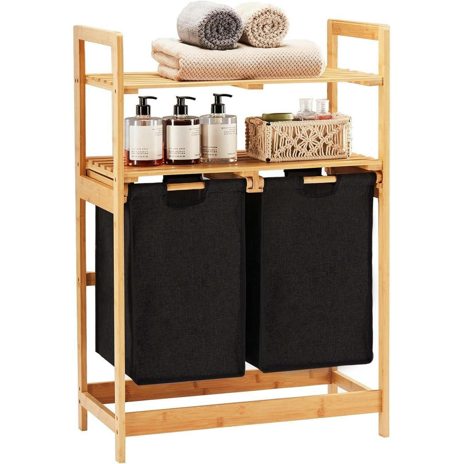 WÄSCHEKORB Bambus mit 2 Ablagen und 2 Wäschesäcken Schwarz 93 x 64 x 33 cm - Schwarz, Naturmaterialien (40.5/33/94cm)