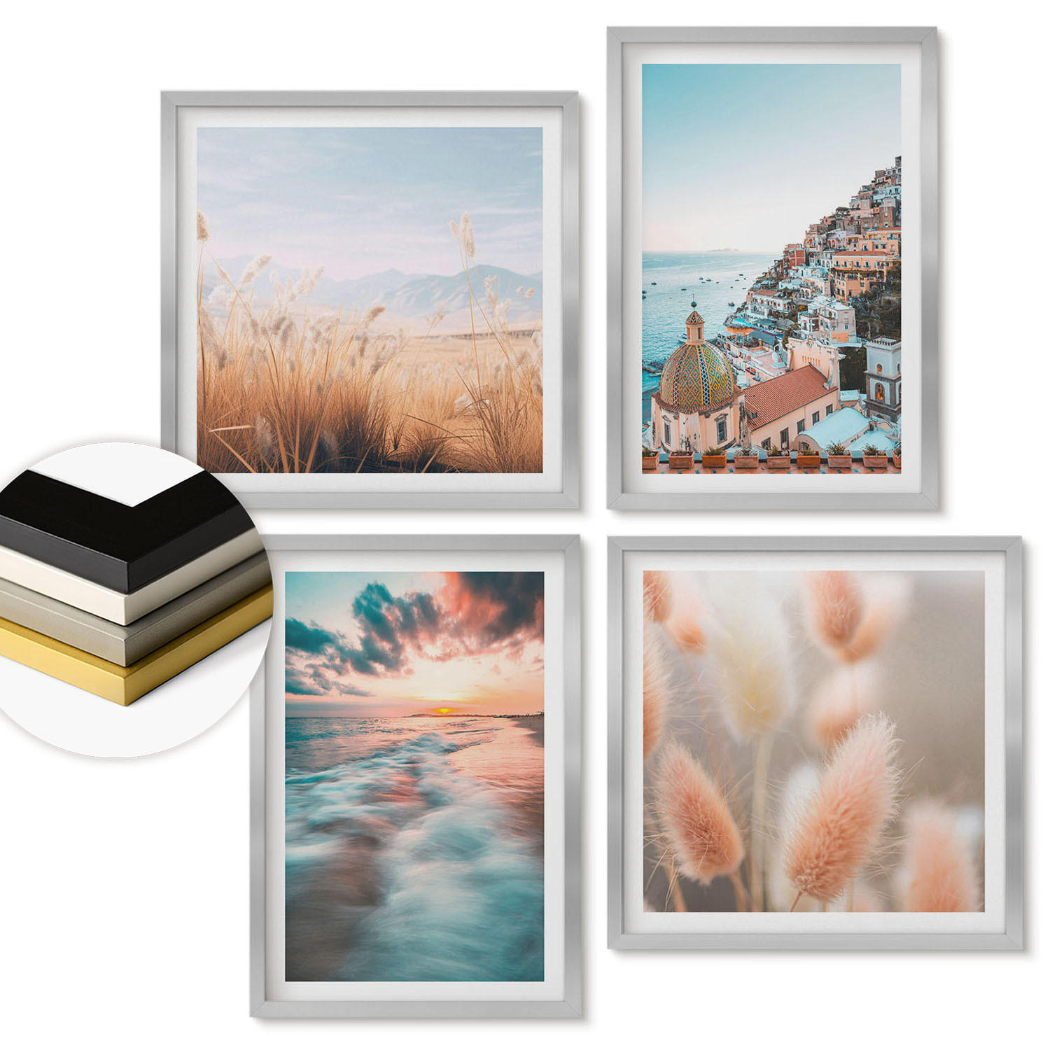 WANDBILDER 4er Set - 50x50 cm & 40x60 cm Silberner Rahmen - Sonnenuntergang am Meer, Häuser, Blumen - Silberfarben, Kunststoff (50/50cm) - ArtPrintCave