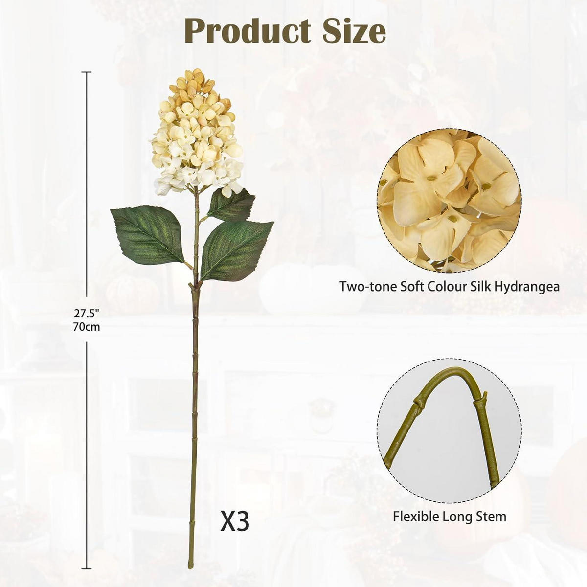 KUNSTBLUMEN 3er Set Hortensie Rispenform 73CM Antique Weiß - Multicolor, Kunststoff (70cm)