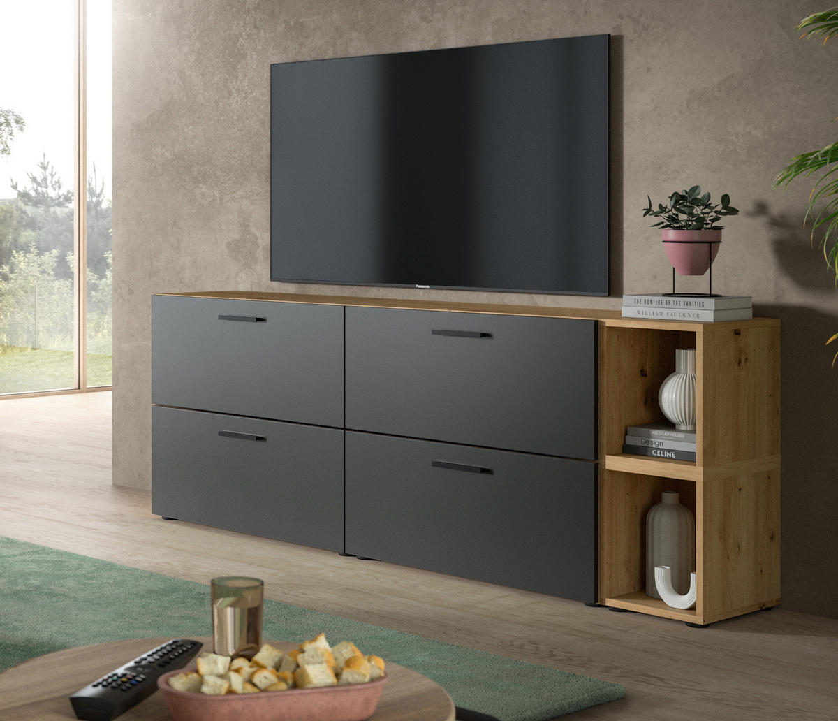 TV-LOWBOARD grau, Eiche Artisan 176 cm, Fernsehtisch hängend / stehend - Schwarz/Eiche Artisan, Holzwerkstoff/Kunststoff (176/67/34cm) - Inn.Furn
