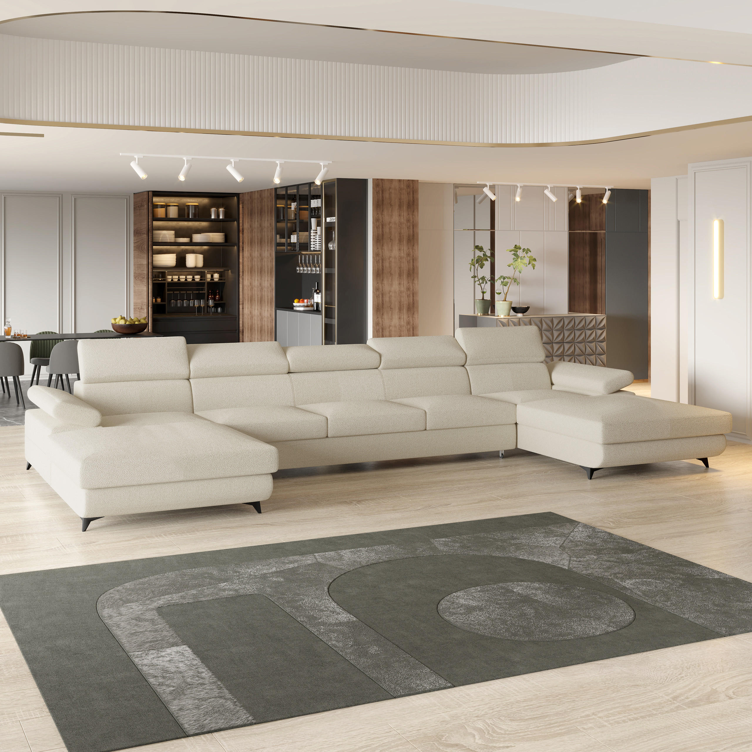 WOHNLANDSCHAFT VIVENTE Creme Boucle-Stoff mit Schlaffunktion - Creme, Holz (410/89/190cm) - MASSENO