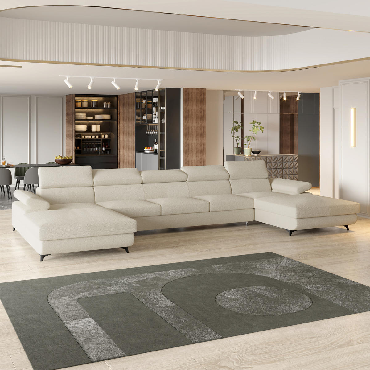 WOHNLANDSCHAFT VIVENTE Creme Boucle-Stoff mit Schlaffunktion - Creme, Holz (410/89/190cm) - MASSENO