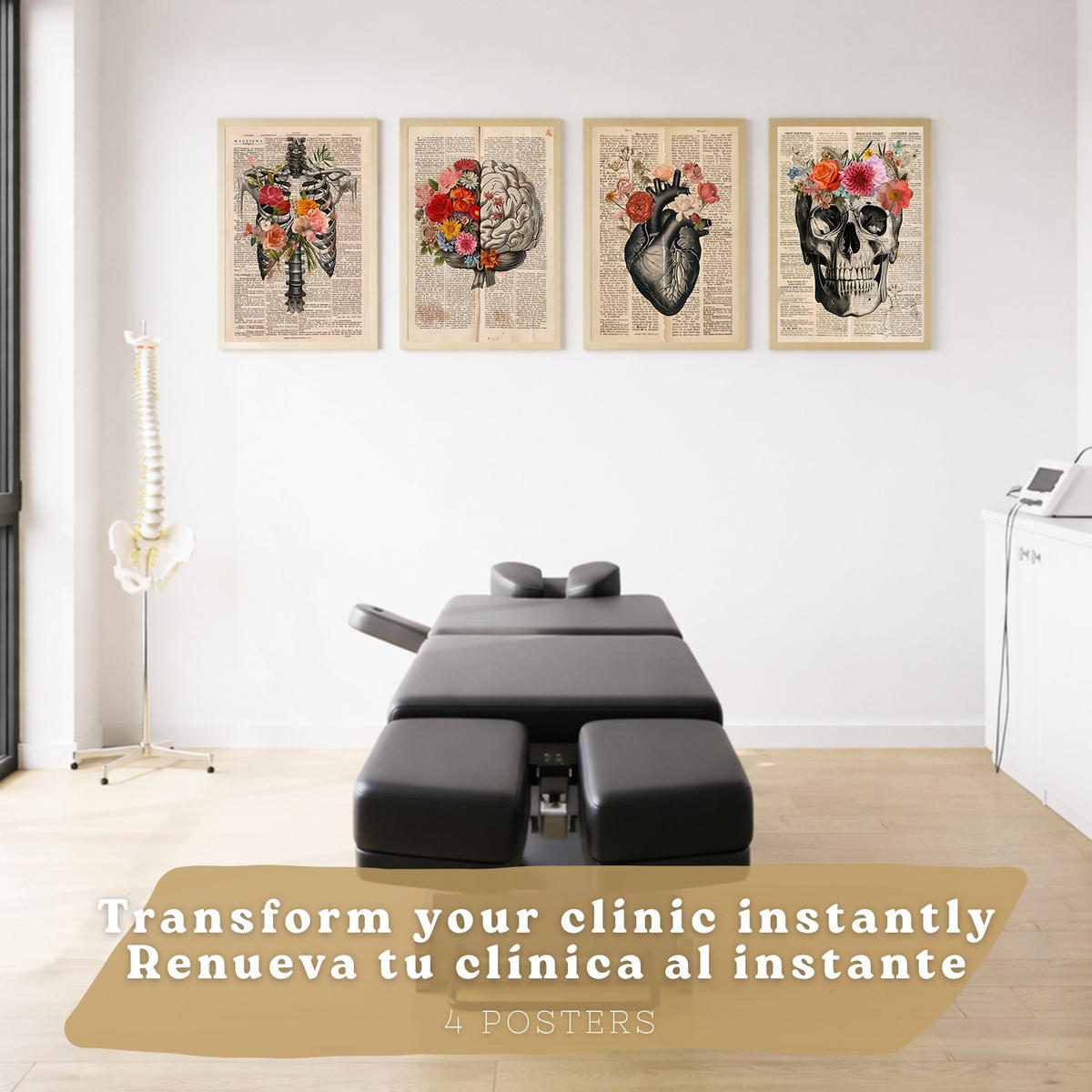 POSTER Set aus 4 Vintage Anatomie Drucke und Wandbilder mit Herz Schädel Skelett und Gehirn Collage Stil Wanddekoration Größe Rahmenlos A4 - Klar, Papier (21/29.7/3cm) - Nacnic