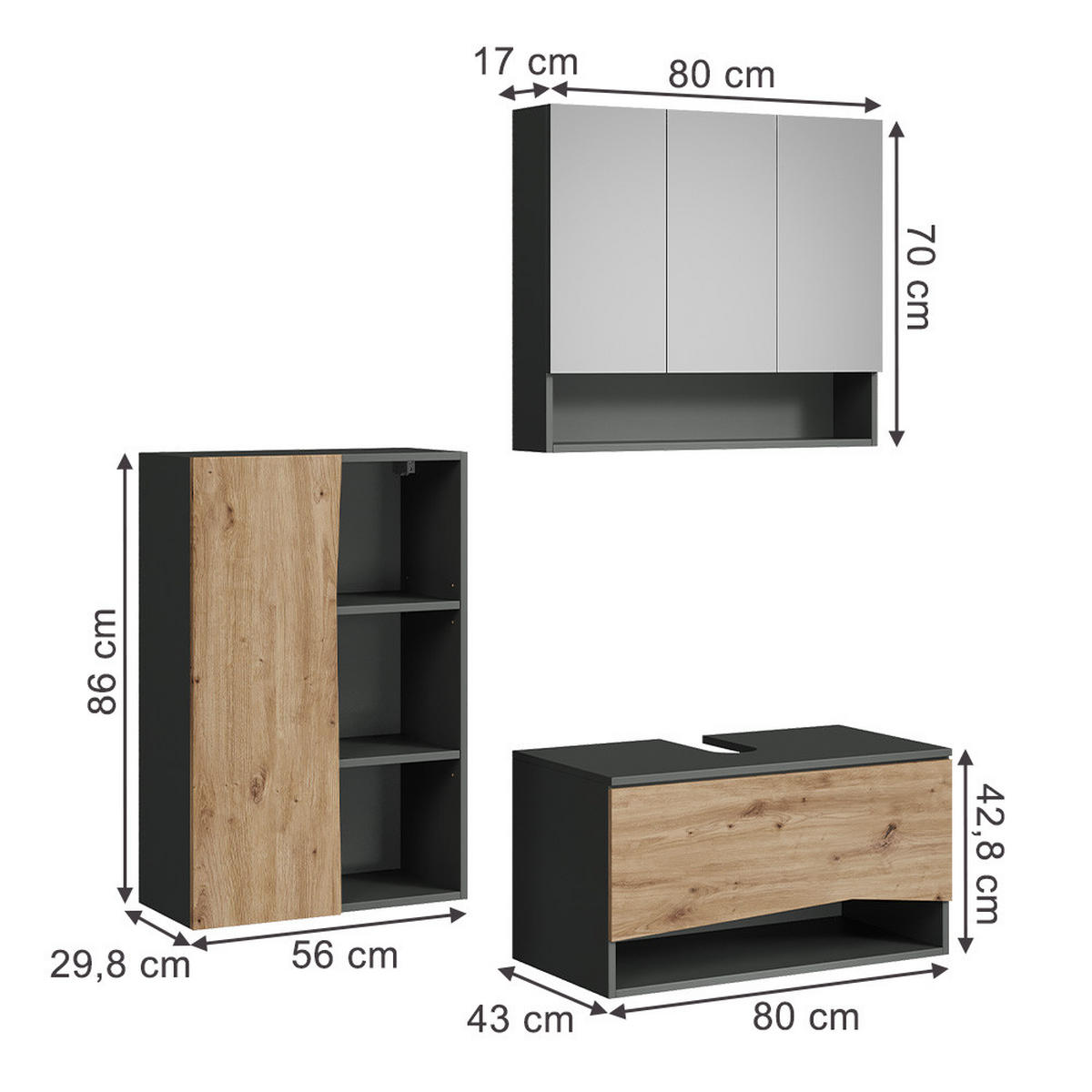 BADMÖBEL-SET Willow Artisan 3 Teile - Anthrazit/Hellgrau, Holzwerkstoff (80/42.8/43cm) - Vicco