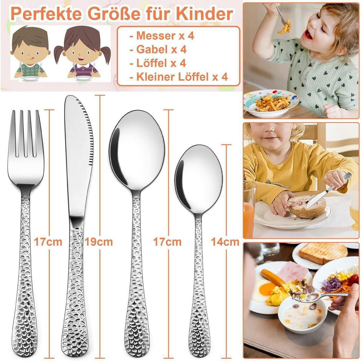 KINDERBESTECK 16-teiliges Set Edelstahl Hammergriff - Silberfarben, Metall