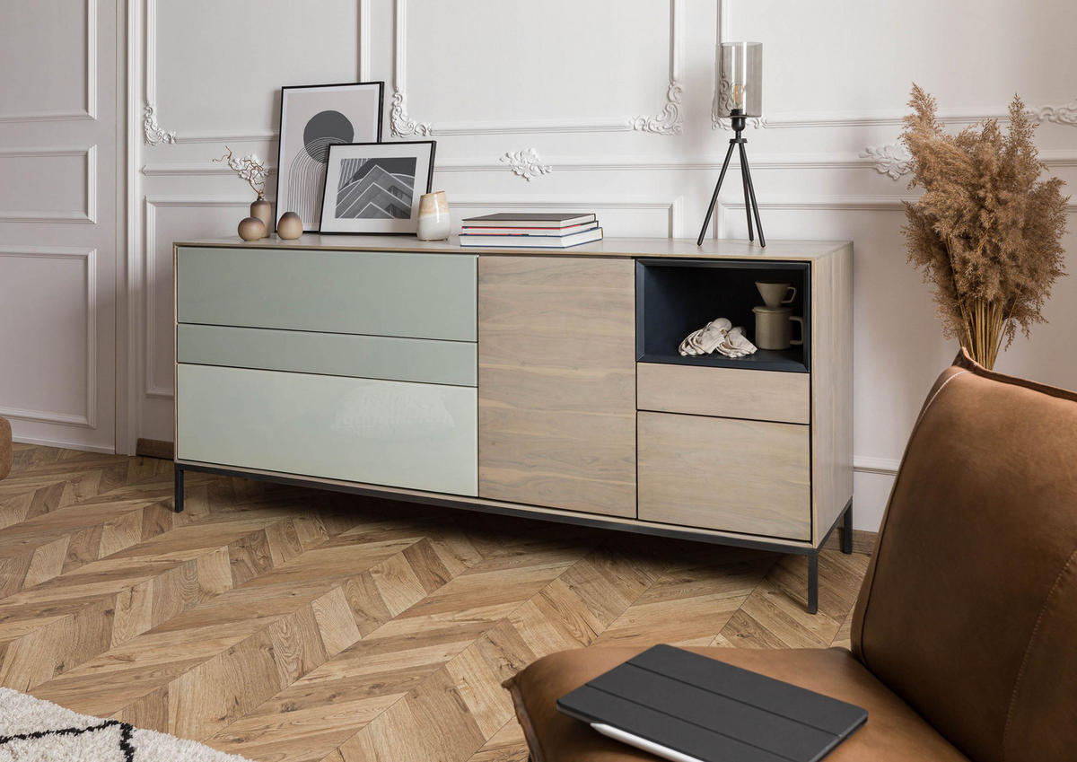SIDEBOARD Akazie 200x45x85 grau-weiß geölt CHICAGO #05 - Braun, Holz (200/85/45cm) - Massivmoebel24