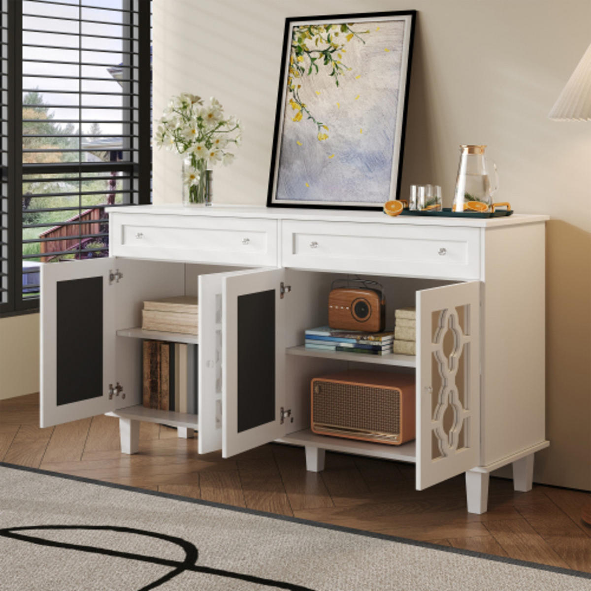 SIDEBOARD Weiß aus MDF mit Spiegeltüren und kristallförmigen Griffen 140×40×83 cm - Weiß, Holzwerkstoff (140/83/40cm) - Luhomfu