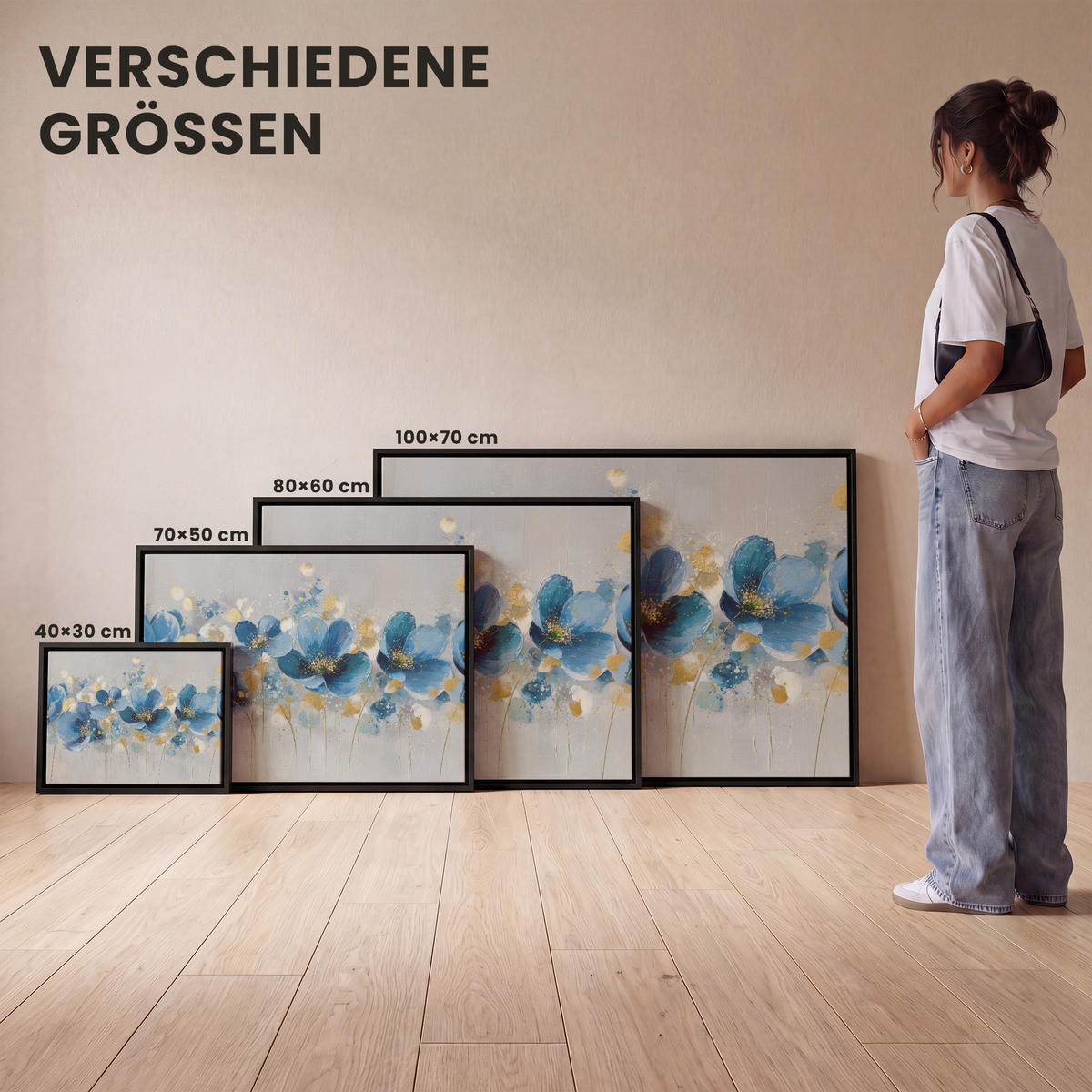 LEINWAND Bilder mit Rahmen - Blumen - Blau - Abstrakt - 80x60 - Hellgrau, Textil (80/60cm) - MuchoWow