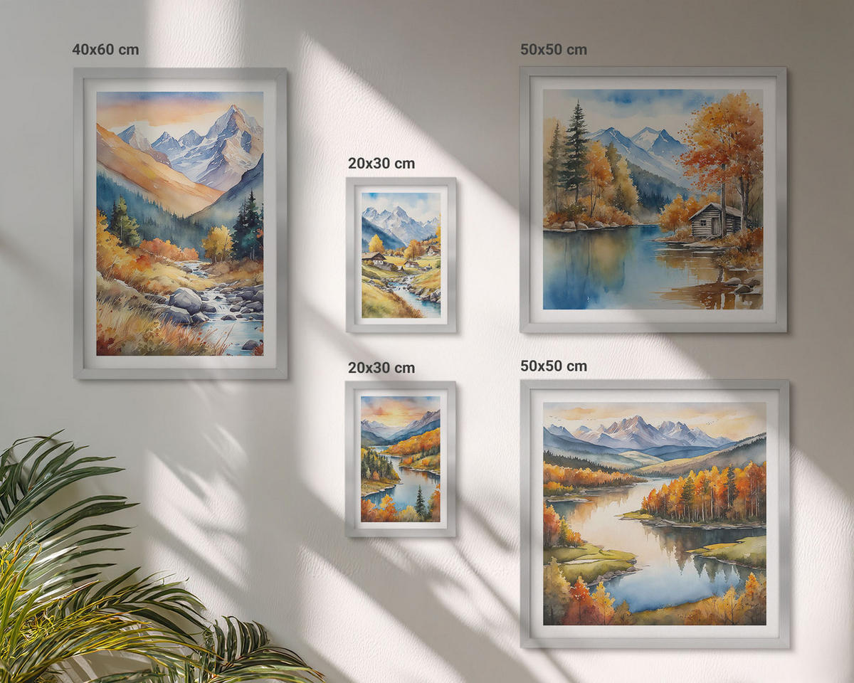 WANDBILDER 5er Set - 50x50 cm & 20x30 cm & 40x60 cm Silberner Rahmen - Berglandschaft, Flusshütten - Silberfarben, Kunststoff (40/60cm) - ArtPrintCave
