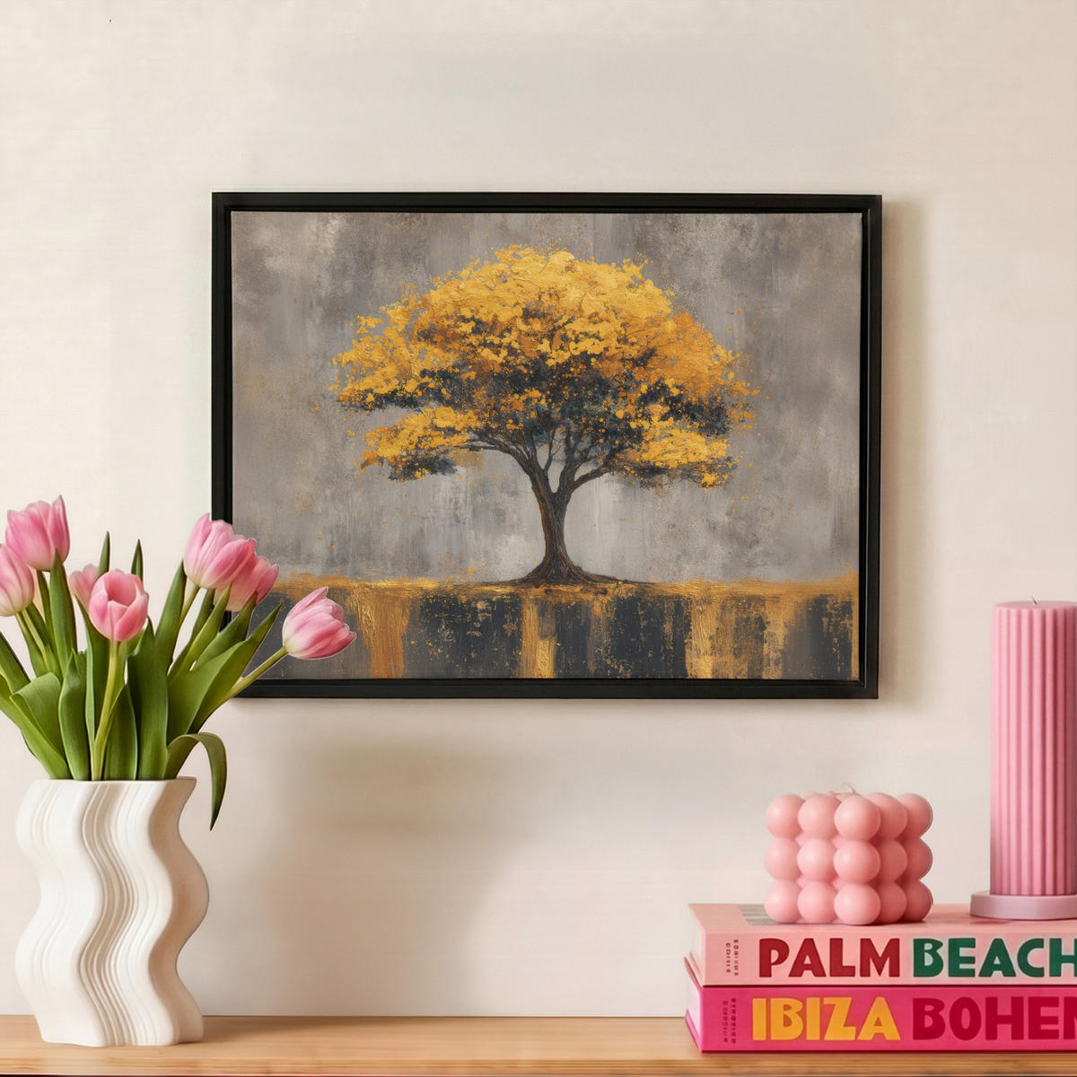 LEINWAND Bilder mit Rahmen - Baum - Blätter - Gold - Abstrakt - 40x30 - Grau, Textil (40/30cm) - MuchoWow