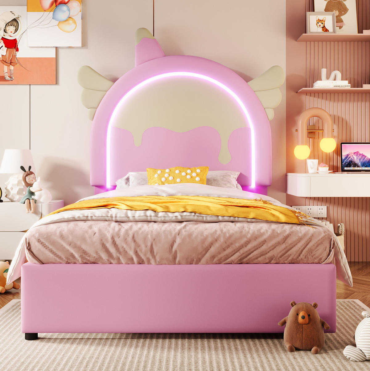 POLSTERBETT mit Leuchtleiste und 2 Schubladen 90x200 cm PU Pink - Pink, Holz (90/200cm) - Meubliv