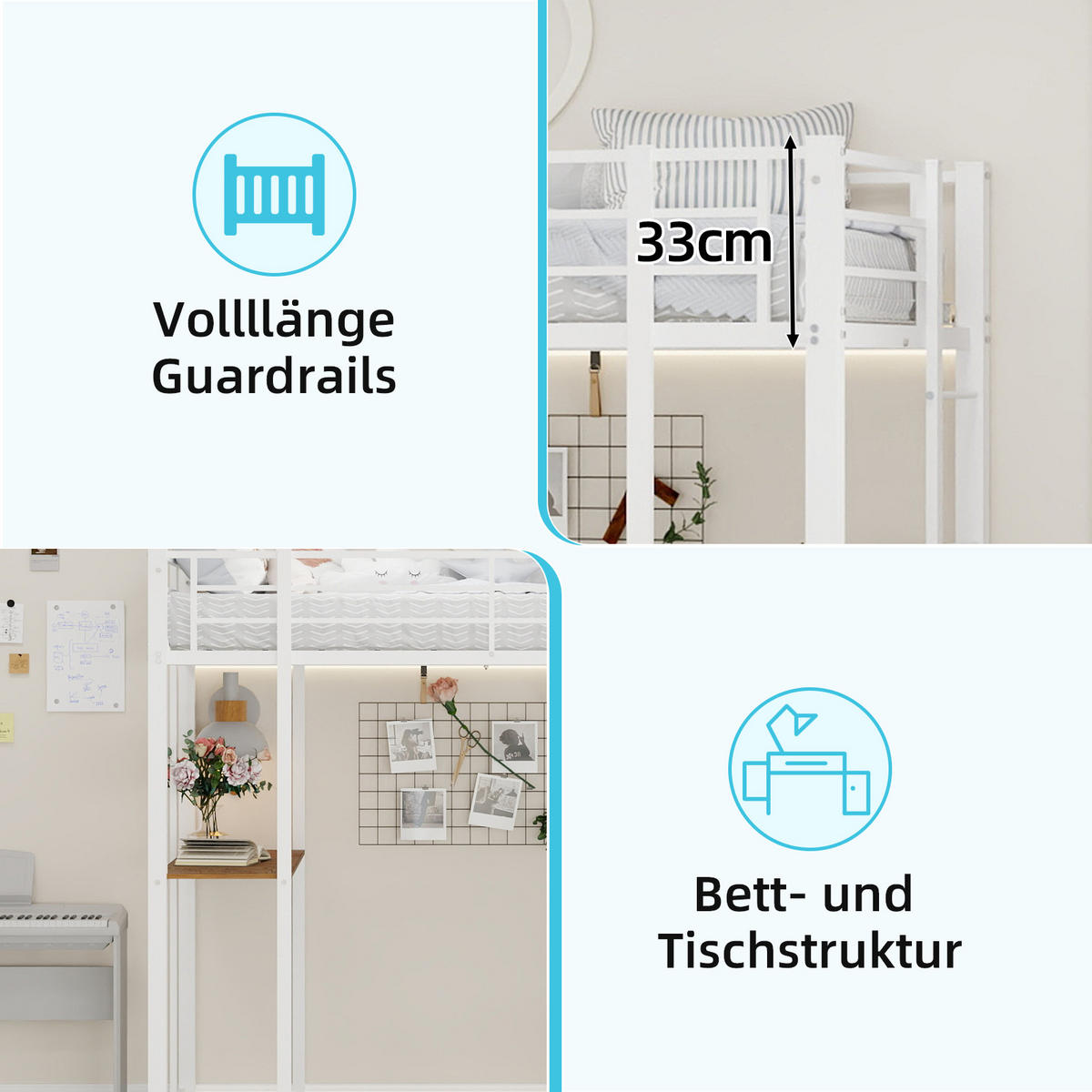 EISENBETT 90x190cm, Bett, Tisch, Geländer, Treppen, Stauraum, Kinder, Jugend - Weiß, Metall (100/200cm)