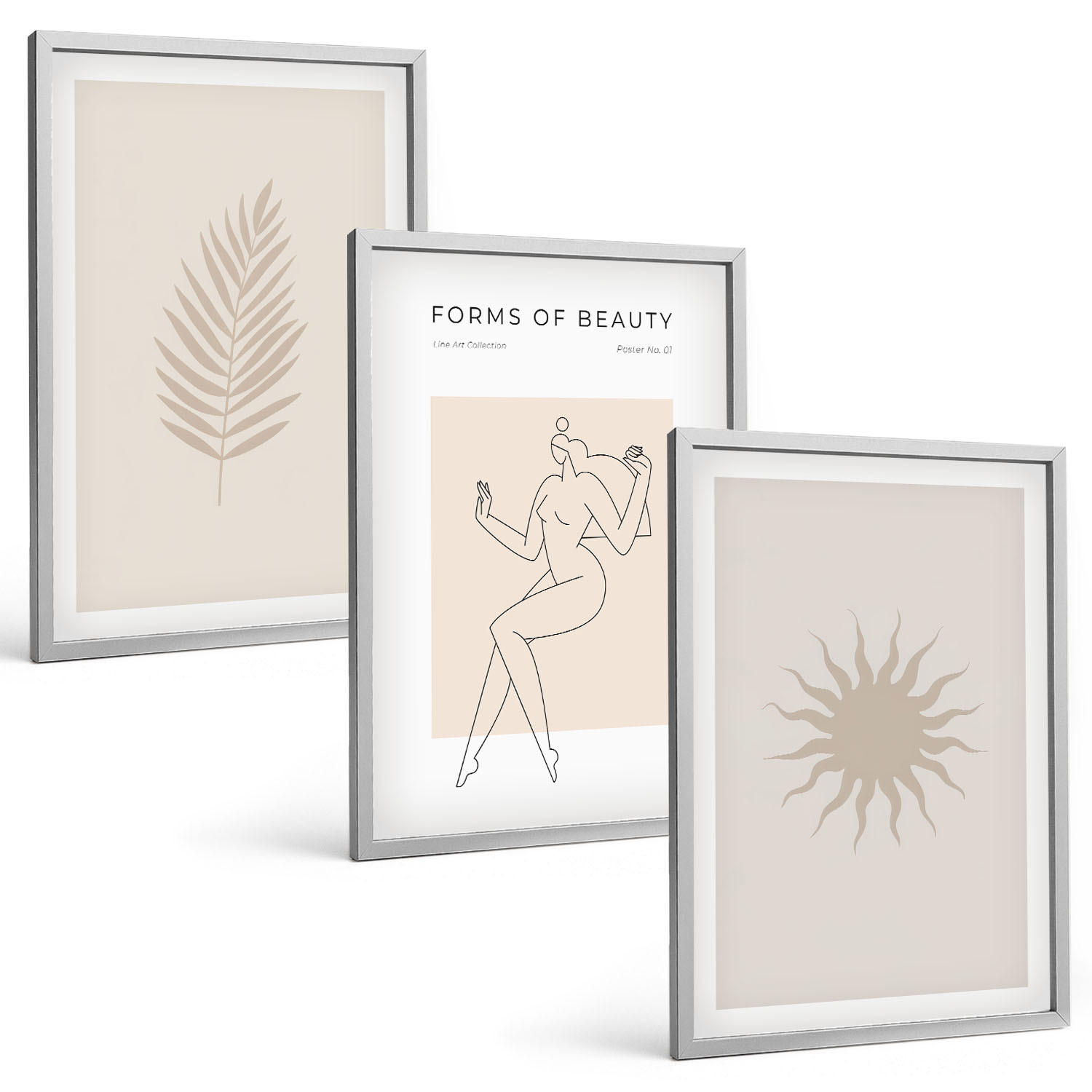 BILDER SET 3er Set - 40x60 cm Silberner Rahmen - Eine Sammlung minimalistischer Formen - Silberfarben, Kunststoff (40/60cm) - TULUP