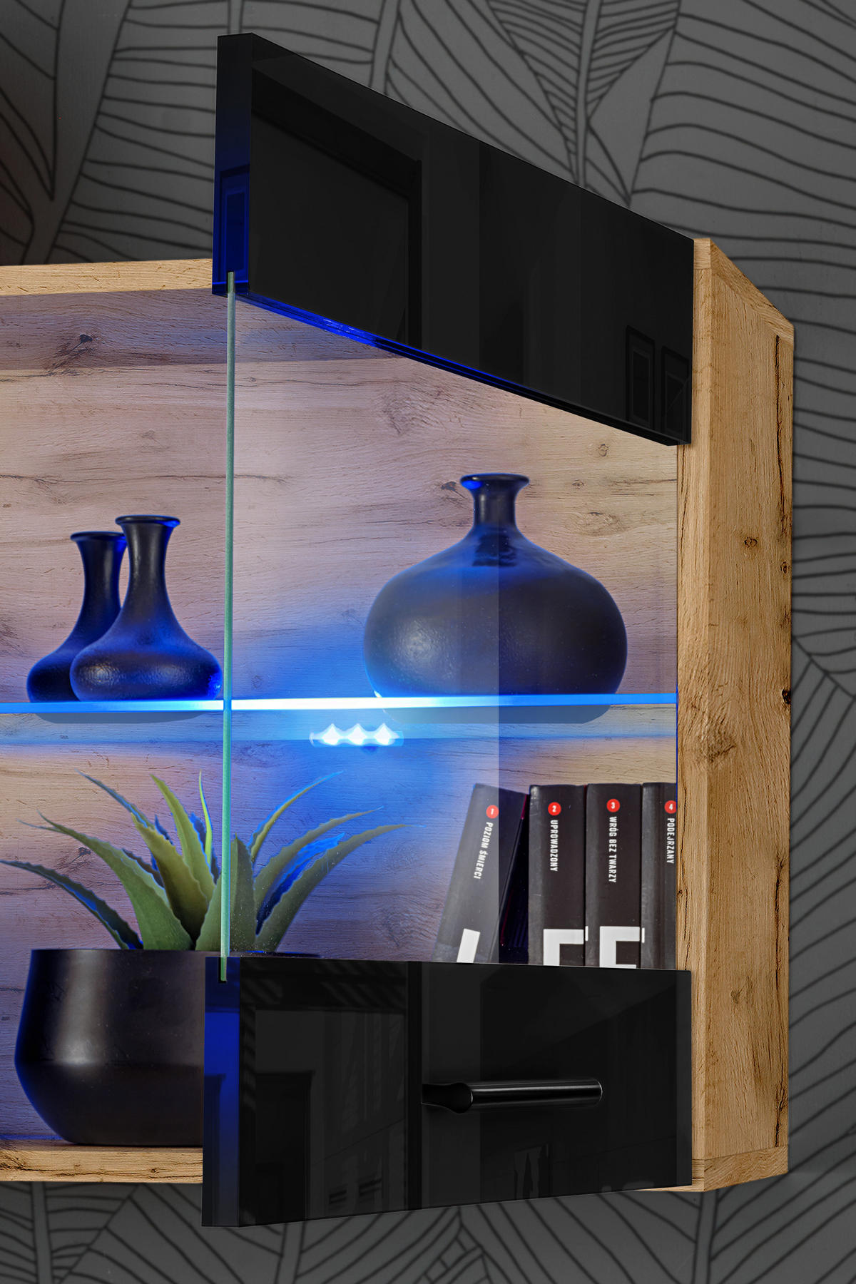 WOHNZIMMERSET Foggia, 6er-Set, Eiche Wotan, Front Hochglanz Schwarz, LED Mehrfarbige - Eiche Wotan/Schwarz, Glas/Holzwerkstoff (230/190/45cm) - Komodee