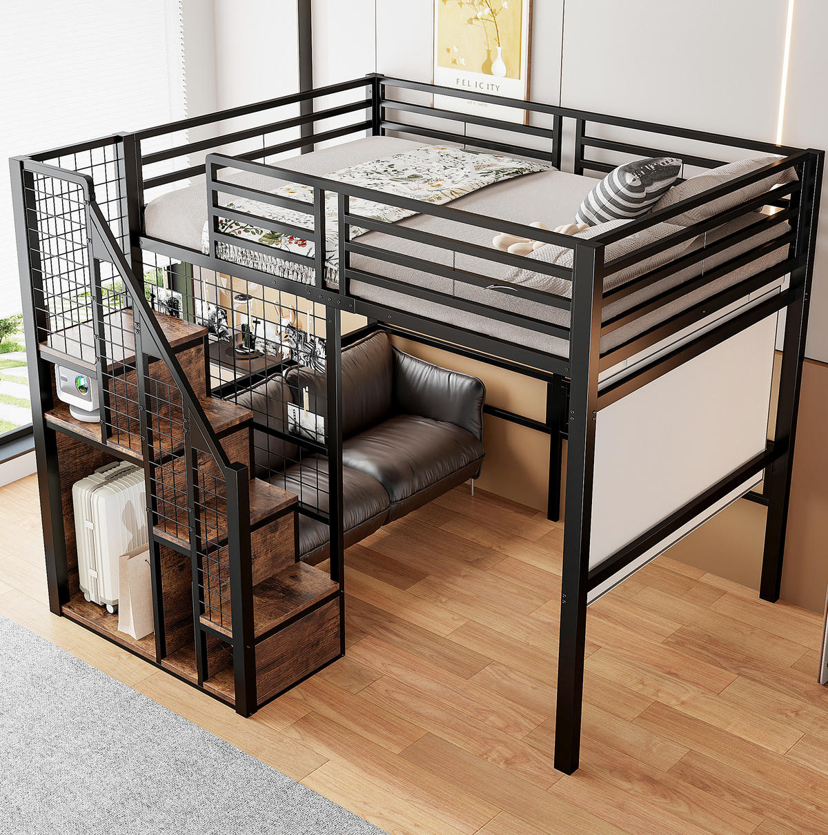 VYSOKÁ posteľ 140/200 cm čierna z kovu a MDF s úložným priestorom a bezpečnostným schodiskom - čierna, kompozitné drevo (140/200cm) - OKWISH