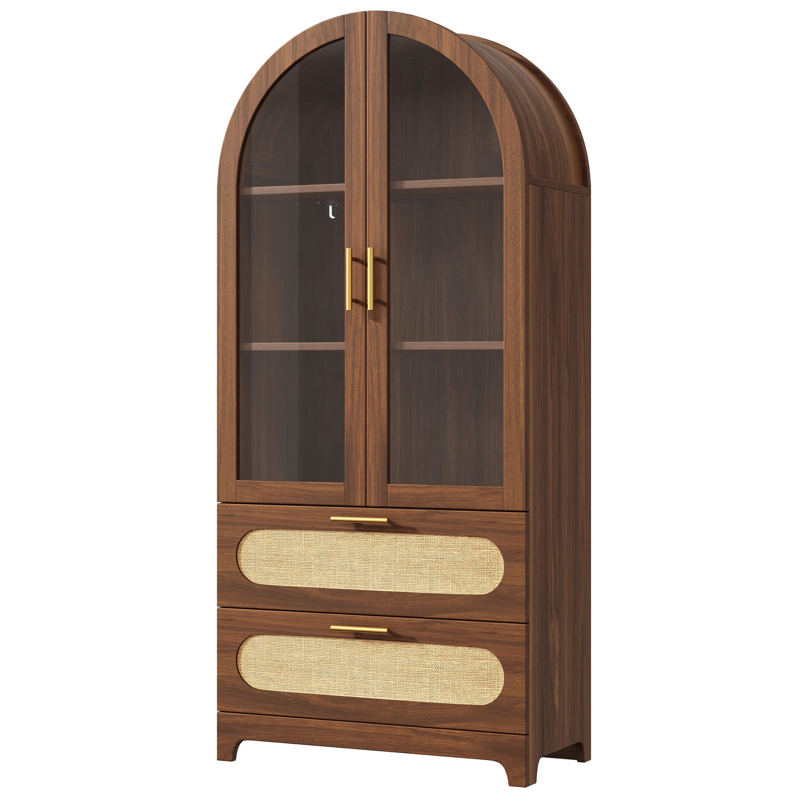 VITRINE DE-38456 80/40/175 cm mit Montmartre-Bogen und 2 Schubladen Nussbaum - Walnussfarben, Holzwerkstoff (80/175/40cm) - ComfortXL