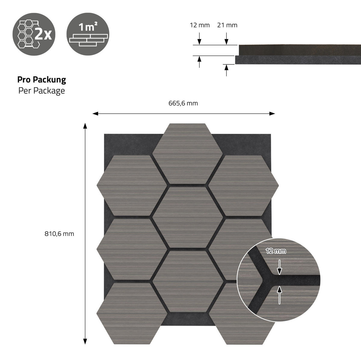 AKUSTIKPANEEL Echtholz 2er Set Grau Hexagon - Grau, Holzwerkstoff (2.1/81.1/66.6cm) - ML-DESIGN
