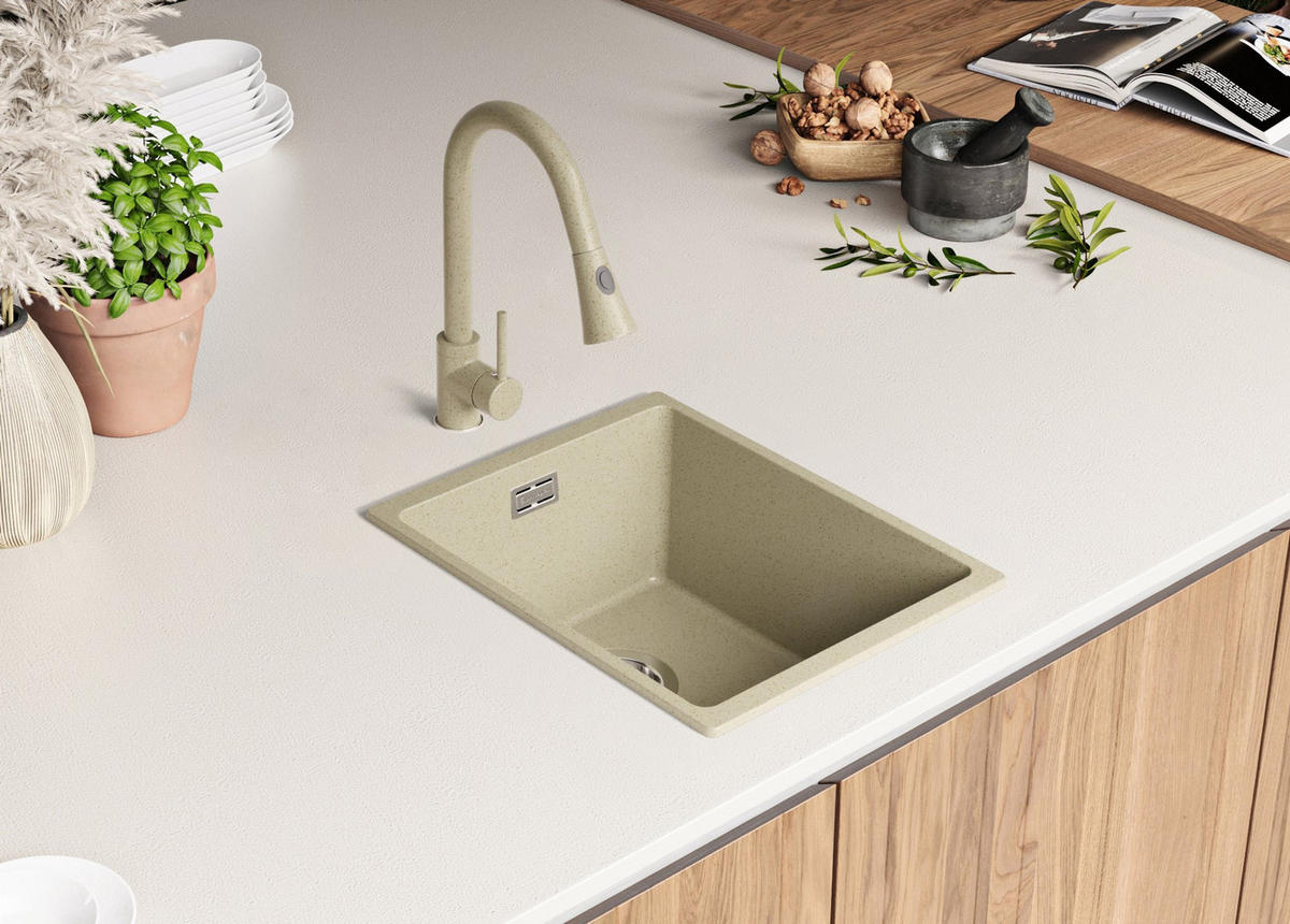 SPÜLBECKEN London Slim, 2-er set Beige 36/47 cm 1 Becken + Ablauf-Set ab 40er Unterschrank - Chromfarben/Beige, Kunststoff (36/20/47cm) - Primagran