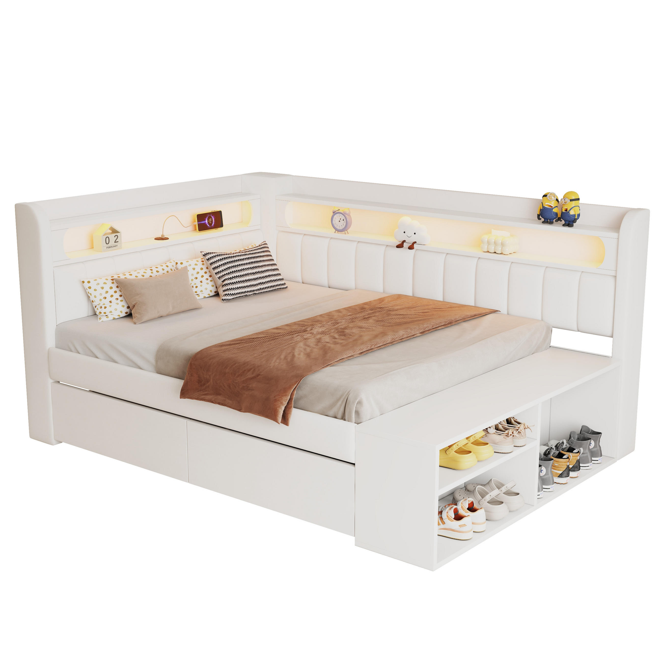 TAGESBETT mit USB und LED 90x200 cm Weiß mit Schuhschrank - Weiß, Holz (90/200cm) - Meubliv