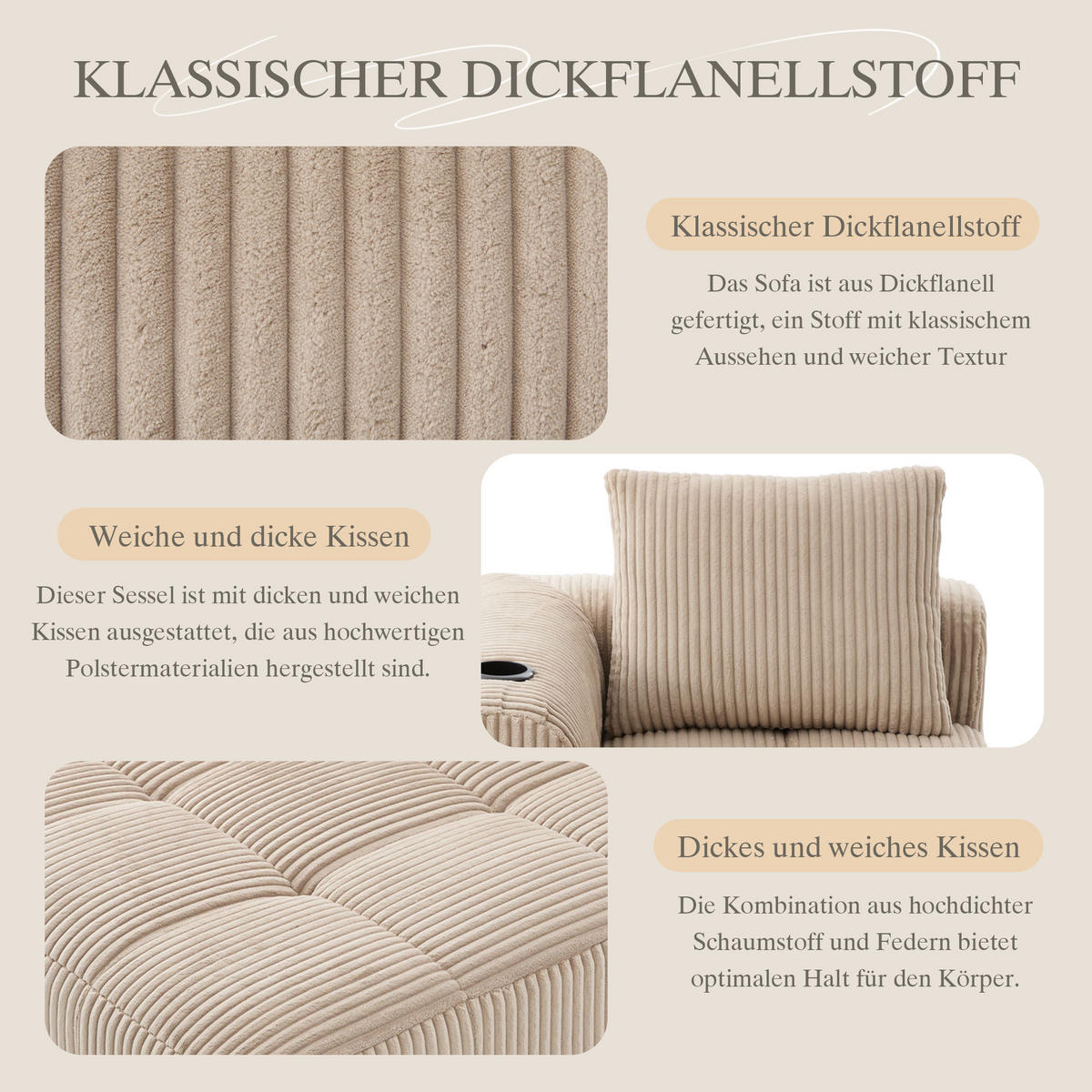 CHAISELONGUE in Cord (158 cm) mit Getränkehalter & Seitentaschen - Taupe, Textil (158/61/93cm) - Urban Meuble