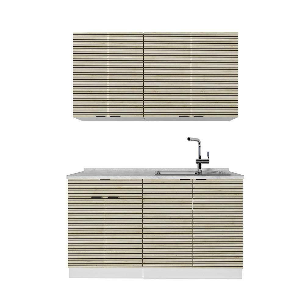 SINGLEKÜCHE Fame-Line Eiche Paneel/Weiß 140 cm , AP Marmor - Hellbraun/Weiß, Holzwerkstoff (140/81.6/60cm) - Vicco