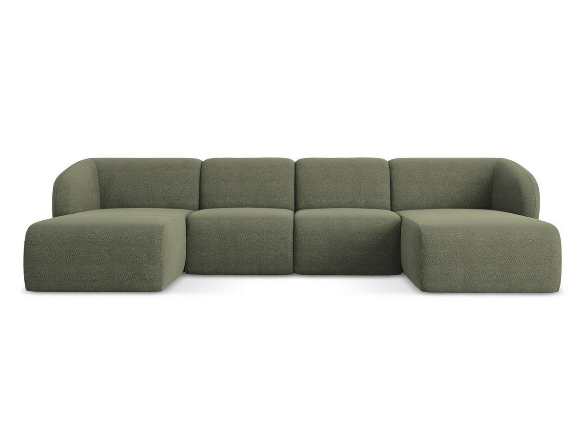 WOHNLANDSCHAFT Bouclé Stoff Grün - Schwarz/Olivgrün, Holzwerkstoff/Kunststoff (370/74/170cm) - Makamii