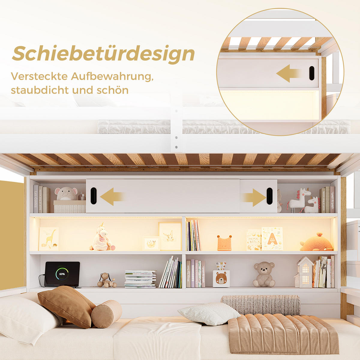 ETAGENBETT 90/200 cm mit Stauraumtreppe und Schiebetüren, DE-41822, in Weiß - Weiß, Holz (90/200cm) - ComfortXL