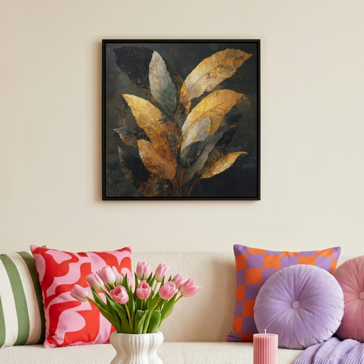 LEINWAND Bilder mit Rahmen - Golden Leaf Komposition - Botanical Luxury - 50x50 - Goldfarben, Textil (50/50cm) - MuchoWow