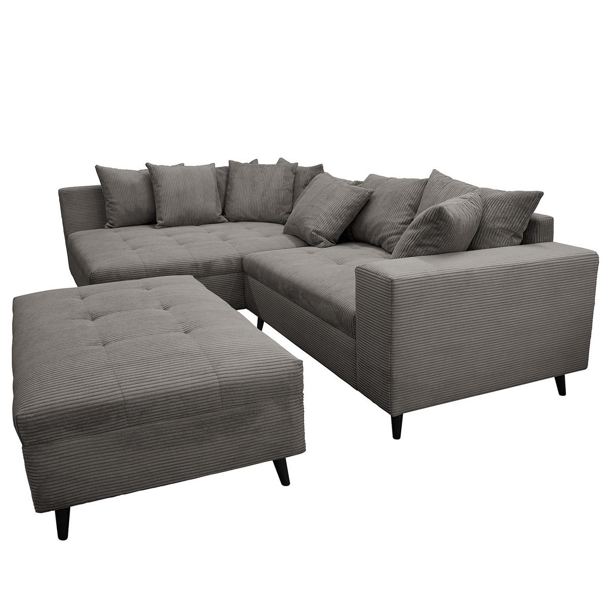 ECKSOFA mit Ottomane und Hocker - Schwarz/Grau, Birkenholz/Textil (247/174cm) - home24