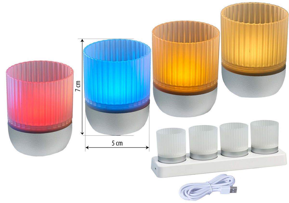 LED-AKKU-LOUNGE-LIGHTS - kabellos mit Touchsensor für Innen und Außen, RGBW Flackereffekt, 4er-Set - Silberfarben, Kunststoff (5/5/7cm) - Northpoint