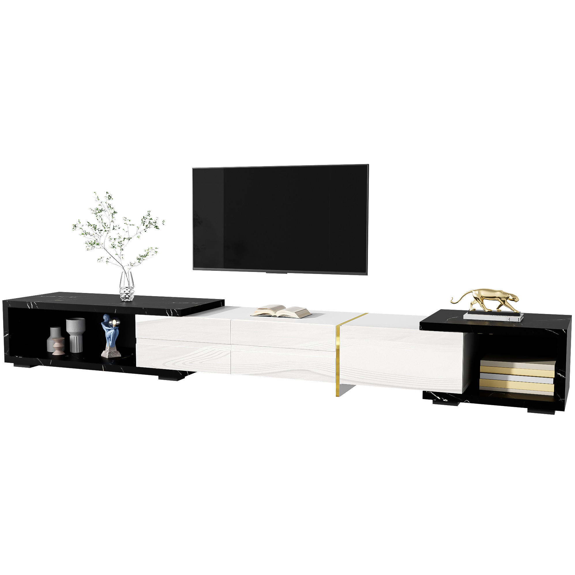 Modfu TV stolek z MDF a dřevotřísky 260x40x30 cm bílý a černý v mramorovém dekoru otočný s úložným prostorem
