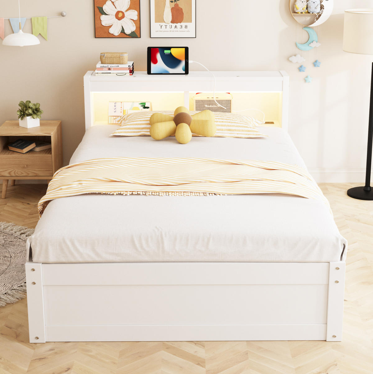 BETT 90/200 cm aus MDF mit LED-Lichtleiste, Weiß - Weiß, Holzwerkstoff (90/200cm) - OKMYHOME