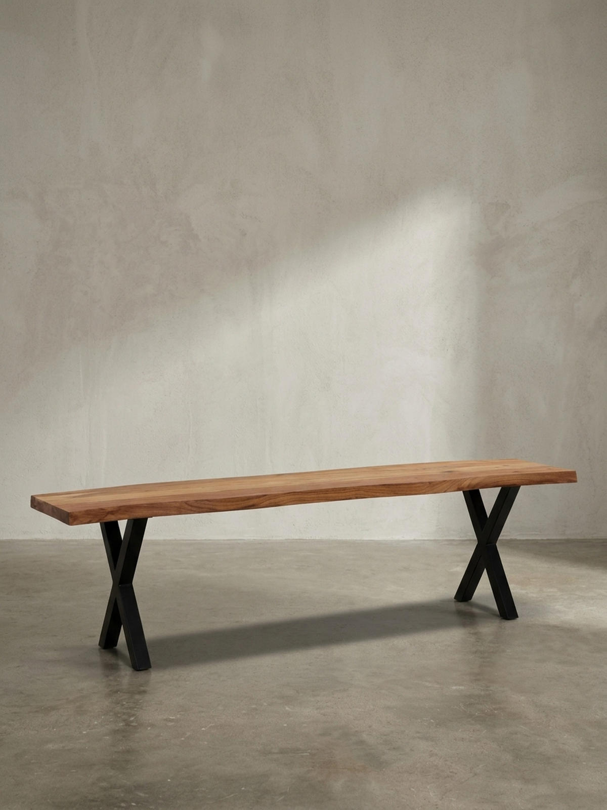 ESSZIMMERBANK Massivholz Metall Baumkante X-Beine, Akazie 180x40x46 cm - Schwarz/Braun, Holz/Metall (180/46/40cm) - KADIMA DESIGN