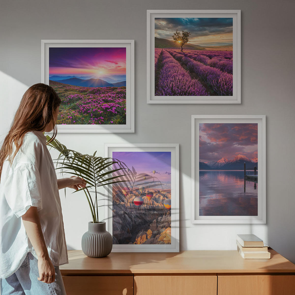 BILDER SET 4er Set - 50x50 cm & 40x60 cm Weißer Rahmen - Sonnenuntergang auf Lavendelfeldern - Weiß, Kunststoff (50/50cm) - TULUP