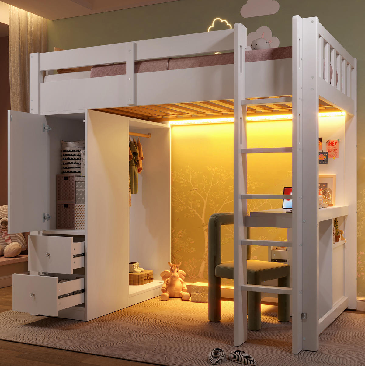 HOCHBETT 90/200 cm aus Kiefernholz und MDF mit Schreibtisch, 4 Schubladen, offenem Kleiderschrank und LED Weiß - Weiß, Holz (90/200cm) - Modenvie