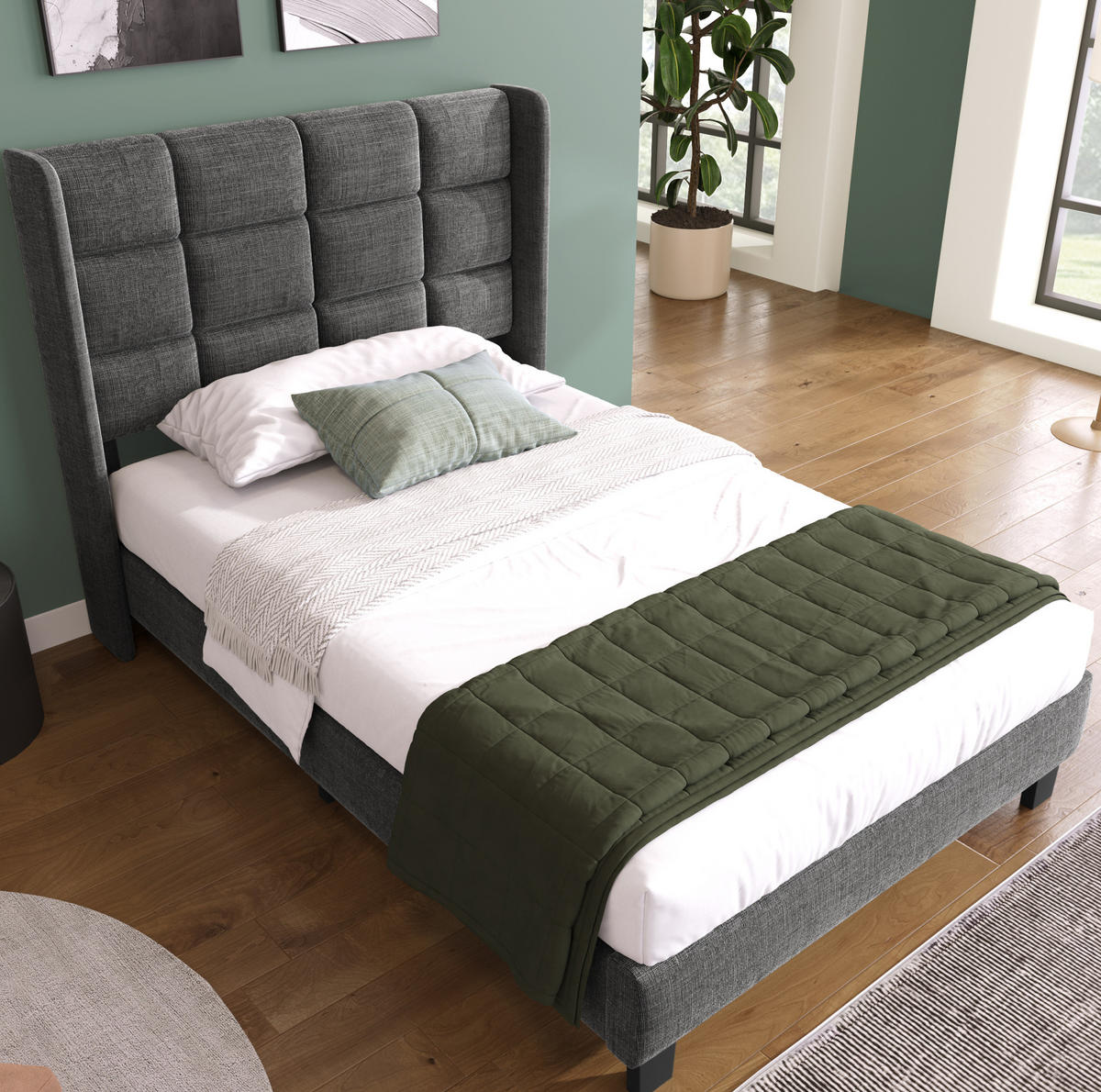 POLSTERBETT 90/200 cm mit Lattenrost, gepolstertes hohes Kopfteil, Grau - Grau, Textil (90/200cm) - Redom
