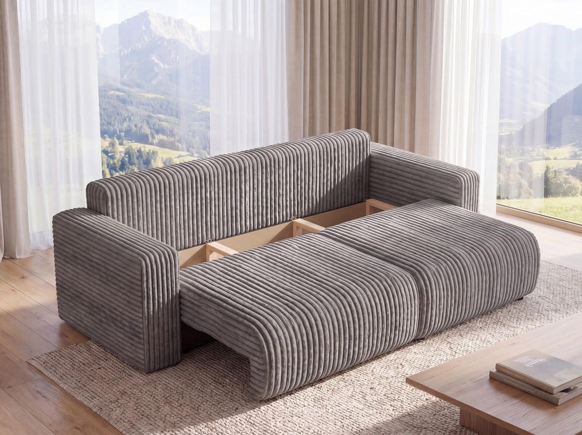 SOFA Kola mit Bettkasten und Schlaffunktion, Cordstoff - Hellgrau, Holzwerkstoff (244/85/95cm) - 4ALL HOME