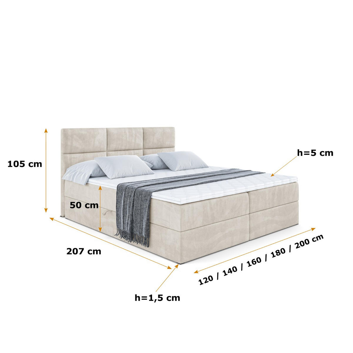 BOXBETT mit Matratze H4 und Lattenrost - OHIO - 200x200 cm - H4 - Ecru - Ecru, Holzwerkstoff (200/200cm) - ALTDECOR