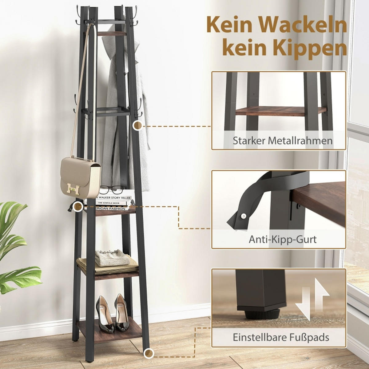 STANDGARDEROBE mit 8 Haken und 4 Ablagen, Industrial-Look, 34,8/34,8/179 cm - Braun, Holz (34.8/179/34.8cm) - BEAOK