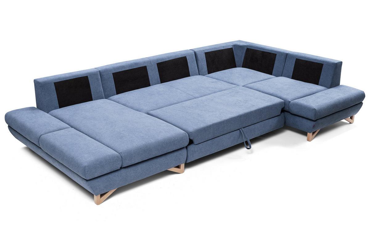 WOHNLANDSCHAFT CASA IV R-S Blau Plüsch-Stoff mit Schlaffunktion - Blau, Holz (344/100/199cm) - MASSENO