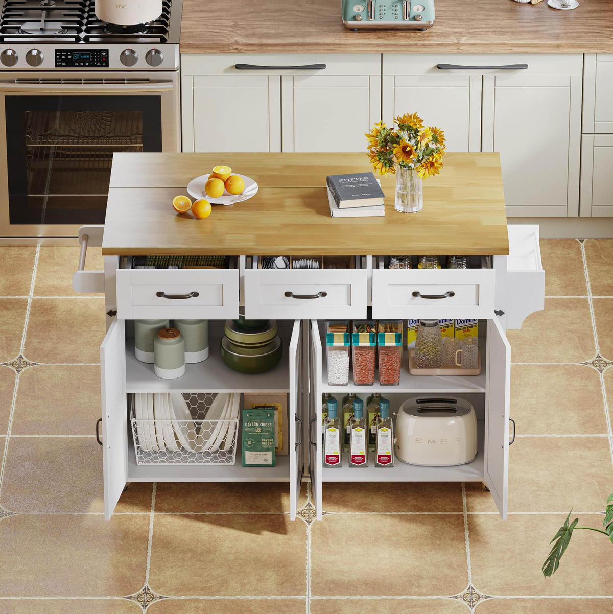 KÜCHENINSEL 140/43-70/90,5 cm aus MDF mit klappbarer Arbeitsplatte Weiß/Natur - Weiß, Holzwerkstoff (140/90.5/70cm) - Modenvie