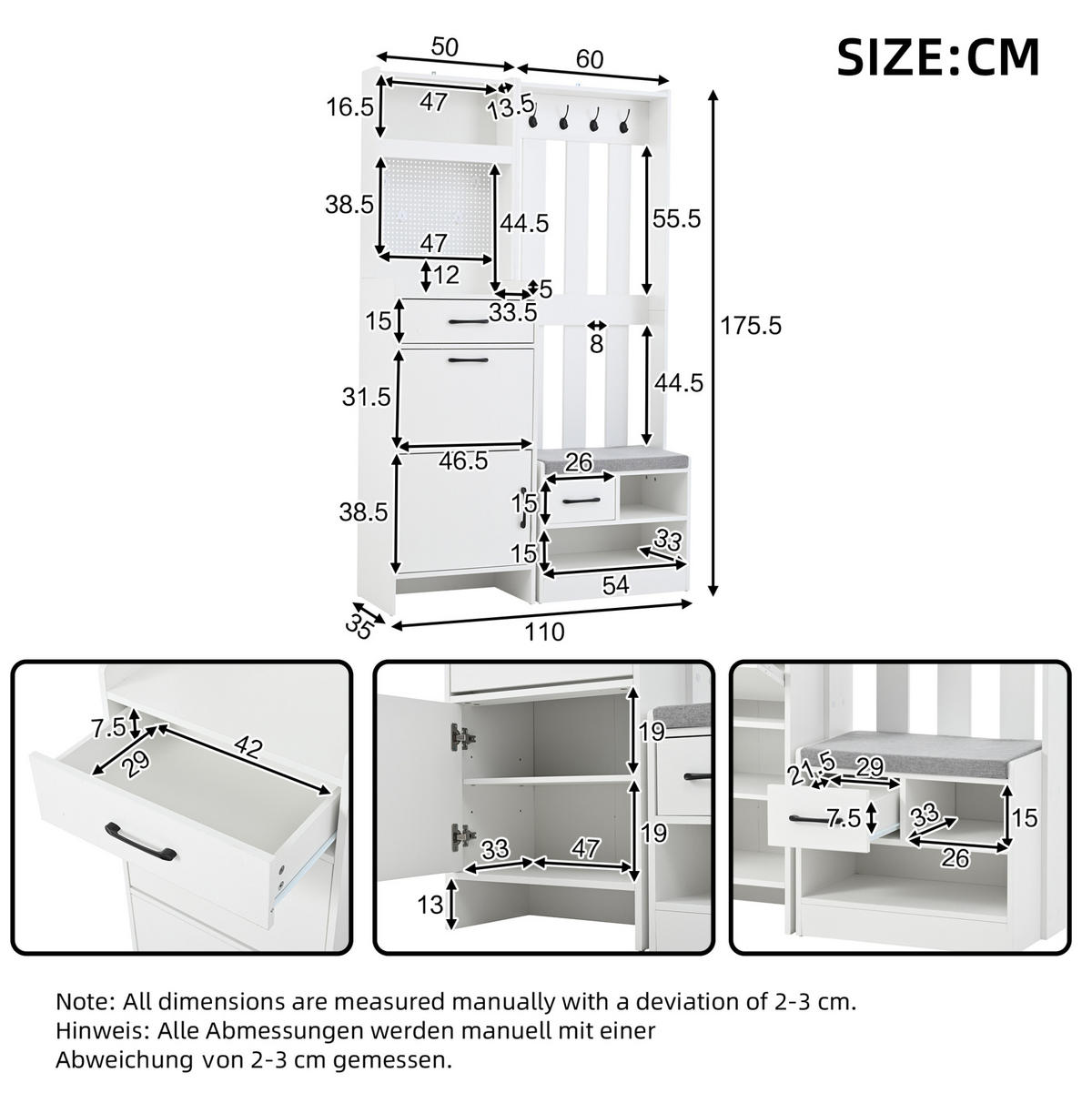 GARDEROBE 7-in-1 mit Schuhbank 110 x 35 x 175,5 cm Spanplatte White - Weiß, Holzwerkstoff (35/175.5/110cm) - Beauniv