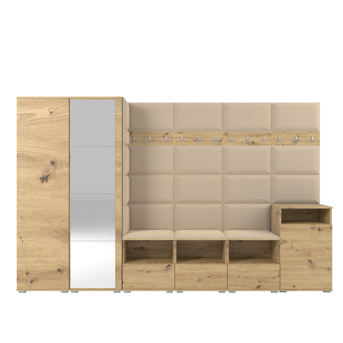 GARDEROBE NELA XII 300 cm (Modulare Flurmöbel Artisan Eiche mit Spiegel & Sitzpolster Beige 04 Gigantisches Set) - Beige/Silberfarben, Holz/Holzwerkstoff (300/187/40cm) - Ravio