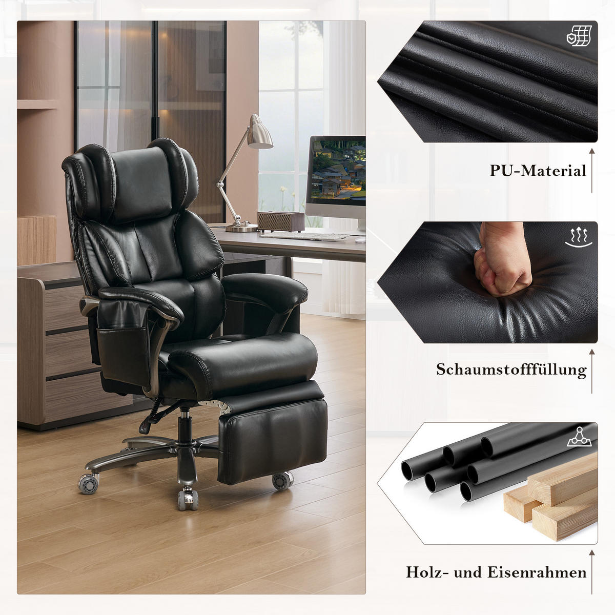 CHEFSESSEL DE-40960 mit Massage- und Heizfunktion neigbar bis 150° Schwarz - Schwarz, Metall (85.5/121.5/76.5cm) - ComfortXL