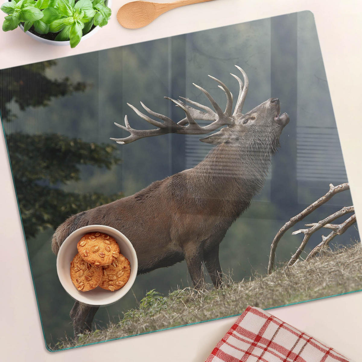 GLASPLATTE 60x52 cm Hirsch auf dem Hügel - Braun, Glas (60/0.4/52cm) - TULUP