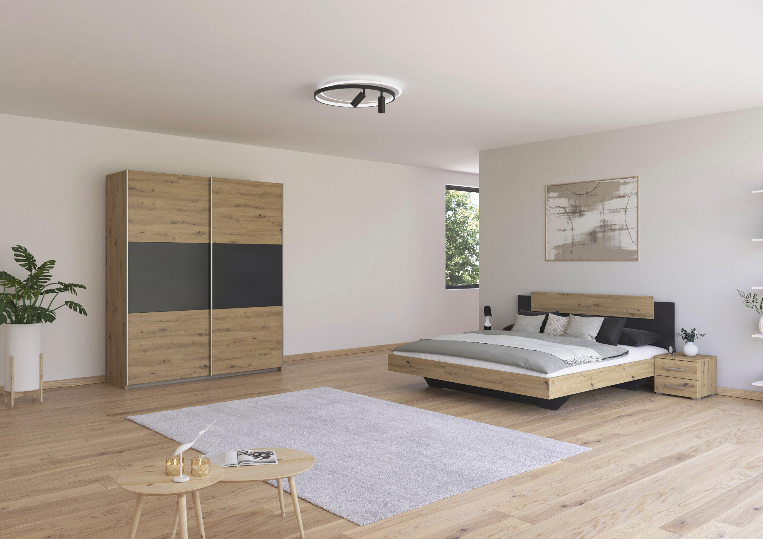 SCHLAFZIMMER Borba in Eiche und Grau 4 teilig – mit Bettanlage 180x200cm, zwei Nachttisch und Schwebetürenschrank 175cm Breite - Braun, Holzwerkstoff (80/200/120cm)