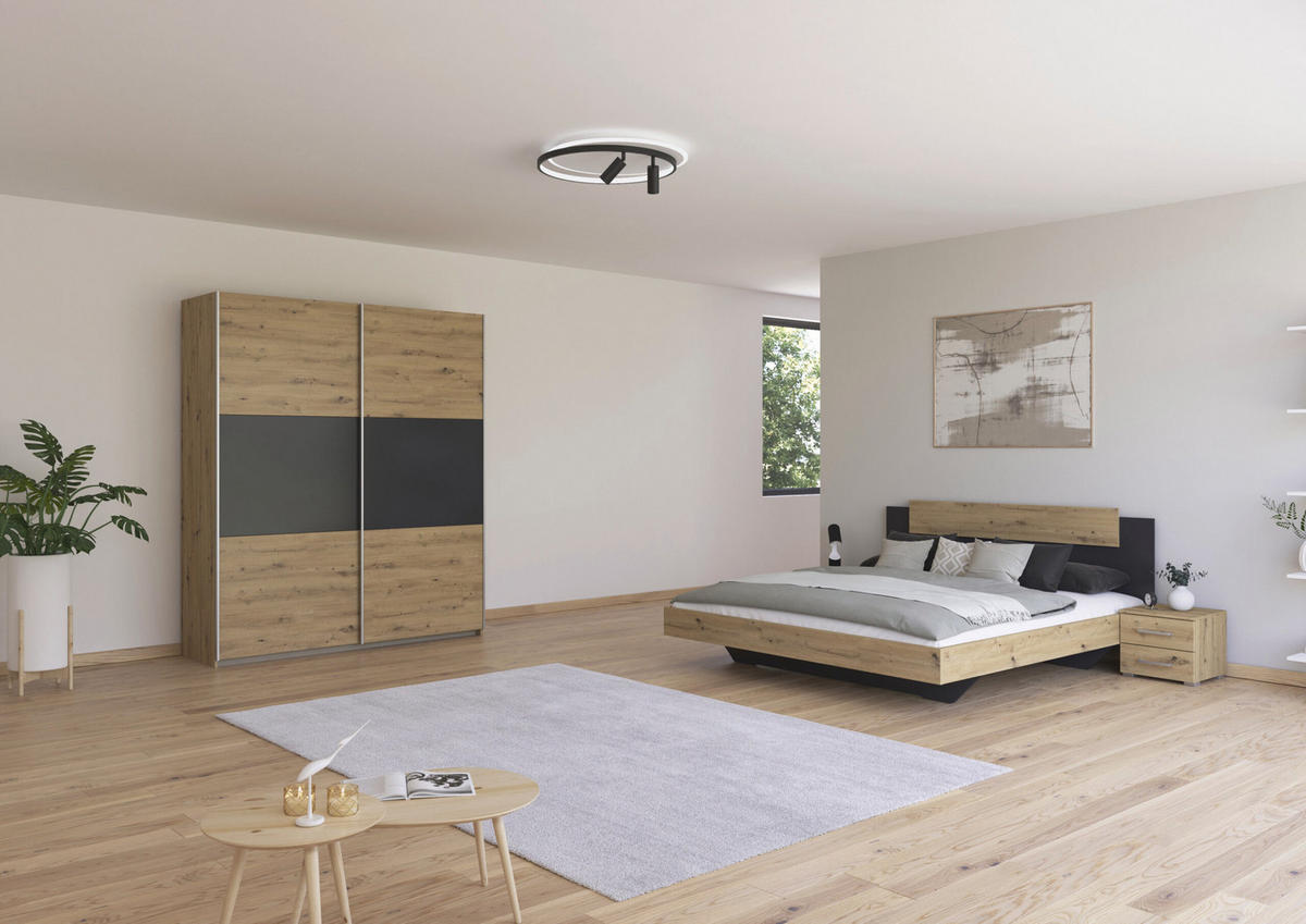 SCHLAFZIMMER Borba in Eiche und Grau 4 teilig – mit Bettanlage 180x200cm, zwei Nachttisch und Schwebetürenschrank 175cm Breite - Braun, Holzwerkstoff (80/200/120cm)