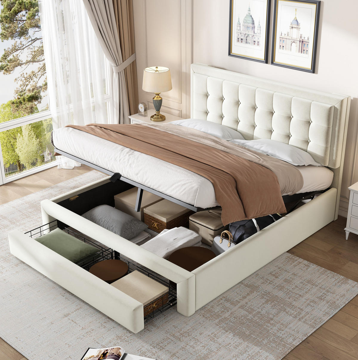 POLSTERBETT 140/190 cm beige aus Samt mit Stauraum und verstellbarem Kopfteil - Beige, Textil (140/190cm) - OKWISH
