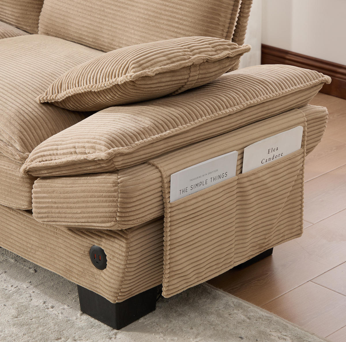 MODULÁRNÍ 3místná pohovka z manšestru 260x132x84 cm khaki s taburetem, USB-C portem a bočními kapsami - béžová, textil (132/260cm) - Modfu