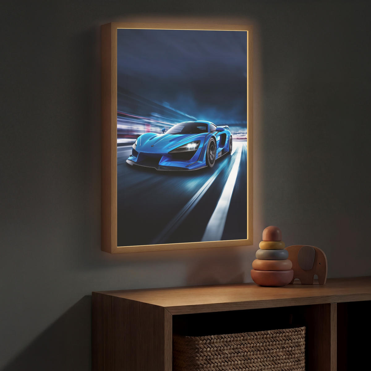 DOBÍJECÍ NOČNÍ LAMPIČKA Auto - Modrá - Chlapci - Dítě 40x60 cm - modrá, kompozitní dřevo (8/40/60cm) - OnlyWow